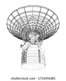 Radio Telescope concept outline. Vector rendering of 3d. Wire-frame style. The layers of visible and invisible lines are separated