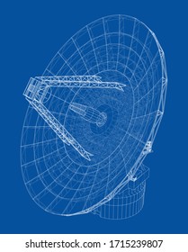 Radio Telescope concept outline. Vector rendering of 3d. Wire-frame style. The layers of visible and invisible lines are separated