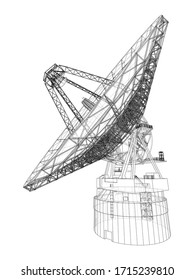 Radio Telescope concept outline. Vector rendering of 3d. Wire-frame style. The layers of visible and invisible lines are separated