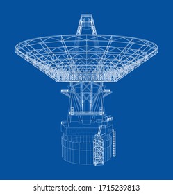 Radio Telescope concept outline. Vector rendering of 3d. Wire-frame style. The layers of visible and invisible lines are separated