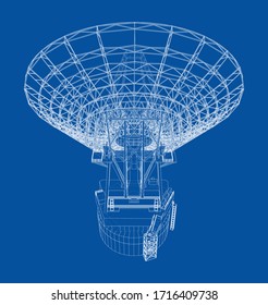 Esquema del concepto de radiotelescopio. Representación vectorial de 3d. Estilo de marco de cables. Las capas de líneas visibles e invisibles están separadas