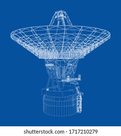 Radio Telescope concept outline. Vector rendering of 3d. Wire-frame style. The layers of visible and invisible lines are separated