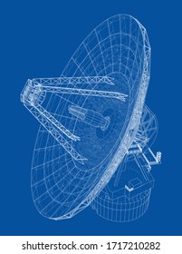 Radio Telescope concept outline. Vector rendering of 3d. Wire-frame style. The layers of visible and invisible lines are separated