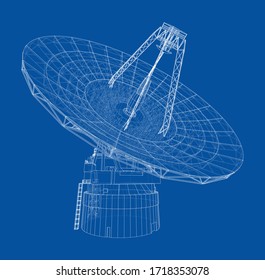 Radio Telescope concept outline. Vector rendering of 3d. Wire-frame style. The layers of visible and invisible lines are separated