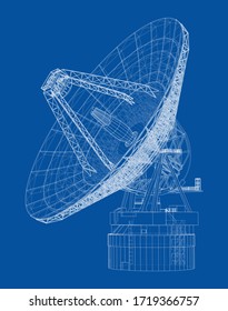 Radio Telescope concept outline. Vector rendering of 3d. Wire-frame style. The layers of visible and invisible lines are separated