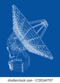 Radio Telescope concept outline. Vector rendering of 3d. Wire-frame style. The layers of visible and invisible lines are separated