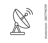 Radio telescope dish line icon for astronomy observation, space signal, satellite communication and cosmic research themes