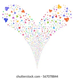 Radio Telescope fireworks stream. Vector illustration style is flat bright multicolored iconic symbols on a white background. Object double fountain organized from random design elements.