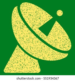Radio Telescope grainy textured icon for overlay watermark stamps. Flat symbol with dust texture. Dotted vector yellow ink rubber seal stamp with grunge design on a green background.