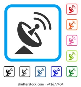 Radio Telescope icon. Flat gray pictogram symbol inside a light blue rounded rectangular frame. Black, gray, green, blue, red, orange color variants of Radio Telescope vector.