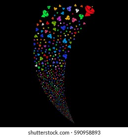 Radio Telescope random fireworks stream. Vector illustration style is flat bright multicolored iconic symbols on a black background. Object fountain organized from scattered design elements.