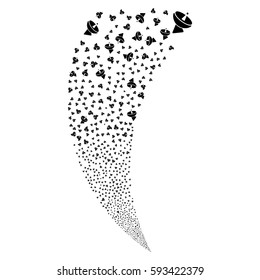 Radio Telescope random fireworks stream. Vector illustration style is flat black iconic symbols on a white background. Object fountain organized from scattered pictograms.