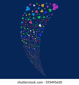 Radio Telescope random fireworks stream. Vector illustration style is flat bright multicolored iconic symbols on a blue background. Object fountain made from scattered design elements.