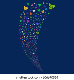 Radio Telescope random fireworks stream. Vector illustration style is flat bright multicolored iconic symbols on a blue background. Object fountain done from scattered pictograms.