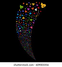 Radio Telescope random fireworks stream. Vector illustration style is flat bright multicolored iconic symbols on a black background. Object fountain made from scattered symbols.