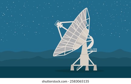 Radio telescope with starry night sky background. Space exploration and astronomy illustration concept.