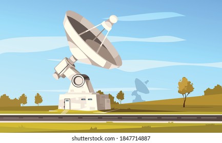 Radio telescope station with large parabolic antenna for space research against autumn landscape vector illustration