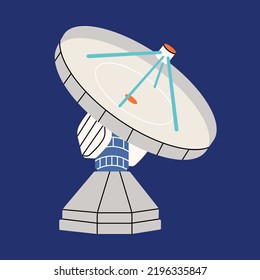 Radio telescope in vector flat style. Space research station, antenna, observatory, astronomy, universe, cosmos. Abstract cartoon trend illustration, icon, sticker, patch, print, scientific technology
