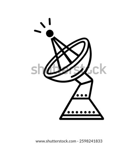 Radio telescope, vector icon. Satellite dish, instrument for communication, broadcasting, signal transmission, astronomy. Hand drawn black and white isolated doodle. Large antenna for receiving waves