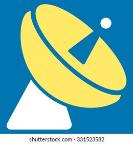 Radio Telescope vector icon. Style is flat bicolor yellow and white symbol, rounded angles, blue background.