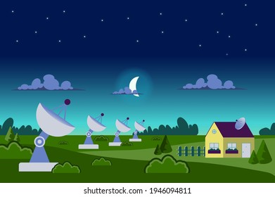 Radio telescopes station landscape background in flat cartoon style. Antennas of observatory space research near house. Trees and bushes in meadow. Nature scenery. Vector illustration of web banner
