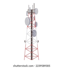 Radio tower with antenna, broadcasting equipment. Vector towered communication technology antenna, towering broadcast construction in city with network wireless signal station