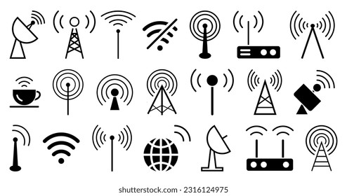 Radio Turm Antennensymbol Sammlung. Set von Symbolen für den schwarzen Funkturm