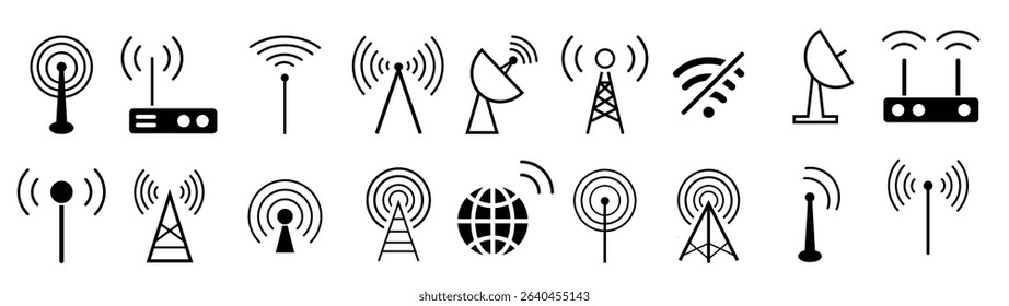 Radio tower antenna icon collection. Set of black radio tower icons