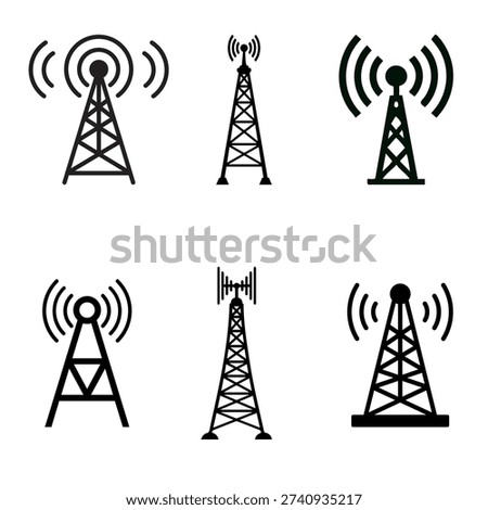 Radio tower antenna vector icon set isolated on white background. Wireless signal communication transmitter symbols for network technology design