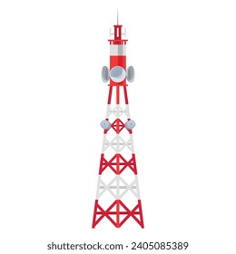 Radio tower with broadcast antenna global satellite media connection signal isometric vector illustration. Industrial communication construction network microwave station transmission web technology