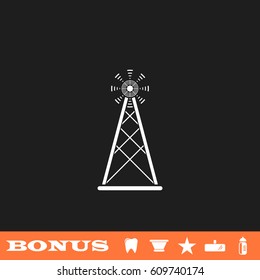 Radio tower broadcast antenna icon flat. White pictogram on black background. Vector illustration symbol and bonus button tooth, vase, star, mirror, bottle