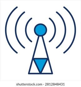Radio tower broadcasting signals in blue line art. A stylized blue and light blue radio mast or antenna tower transmitting circular signal waves. Clean line art design on a neutral background. Ideal for telecommunications industry branding.