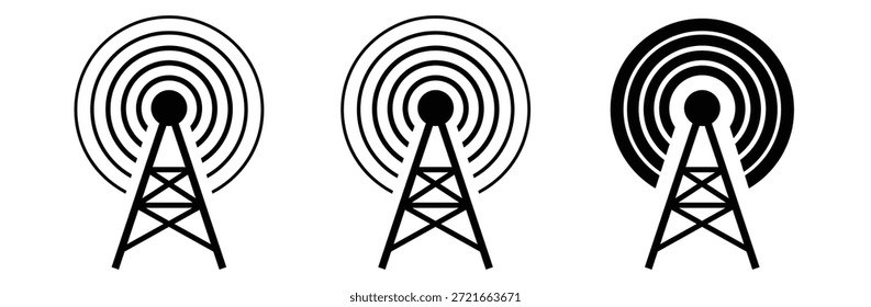 Radio tower broadcasting signals in three stages,Antenna icon set. Wireless communication icons.Radio antenna icon.Communication tower icons.Radio tower icons.Antenna icon.Trendy modern flat linear
