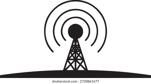 La torre de radio emite señales representadas por círculos concéntricos alrededor de una antena esférica en una simple ilustración en blanco y negro.