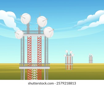 Radio tower equipped with multiple satellite dishes. Communication pylon with various antennas. Broadcast relay tower for signal distribution. Vector illustration with rural landscape