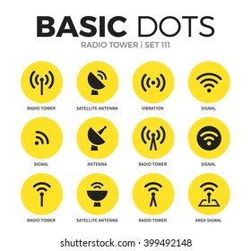 Radio tower flat icons set with signal, radio tower and antenna isolated vector illustration