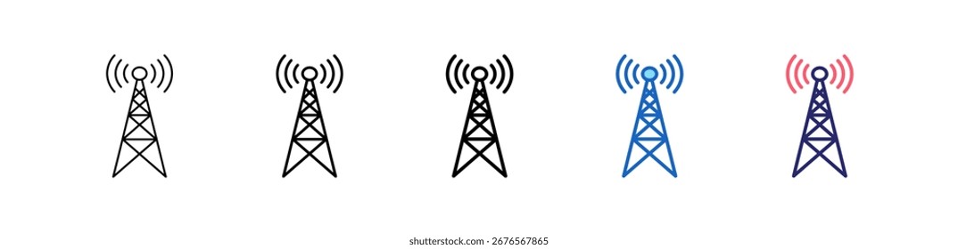 Ícone De Torre De Rádio Em 5 Estilos Diferentes Conjunto Coleção.