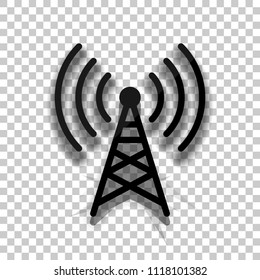 Radio tower icon. Linear style. Black glass icon with soft shadow on transparent background