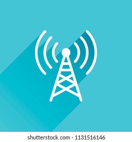 Radio tower icon. Linear style. Gray icon with long shadow in bottom left corner on blue background