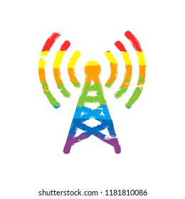 Radio tower icon. Linear style. Drawing sign with LGBT style, seven colors of rainbow (red, orange, yellow, green, blue, indigo, violet