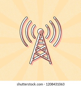 Radio tower icon. Linear style. Vintage retro typography with offset printing effect. Dots poster with comics pop art background