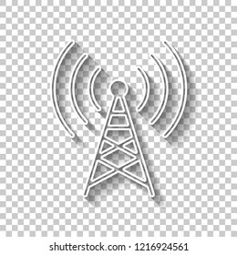 Radio tower icon. Linear style. White outline sign with shadow on transparent background