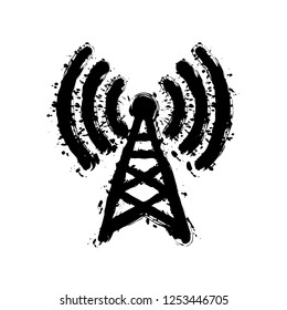 Radio tower icon. Linear style. Black ink with splashes on white background