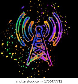 Radio tower icon. Linear style. Colored ink with splashes on black background