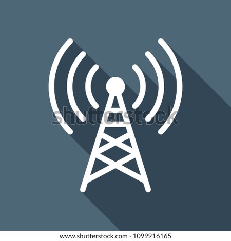 Radio tower icon. Linear style. White flat icon with long shadow on background