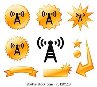 Radio Tower Icon on Orange Burst Banners and Medals Original Vector Illustration