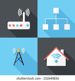 Radio tower icons. Flat design style modern vector illustration. Isolated on stylish color background. Flat long shadow icon. Elements in flat design.