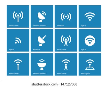 Radio Tower icons on blue background. Wireless technology. Vector illustration.