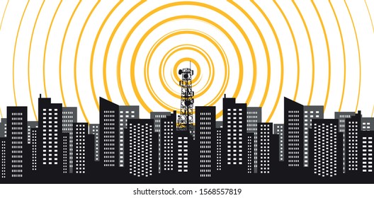 Radio tower irradiate the city. Tower transmitter 5G. Vector illustration