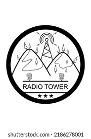 Radio Tower Logo With Trees And Mountains